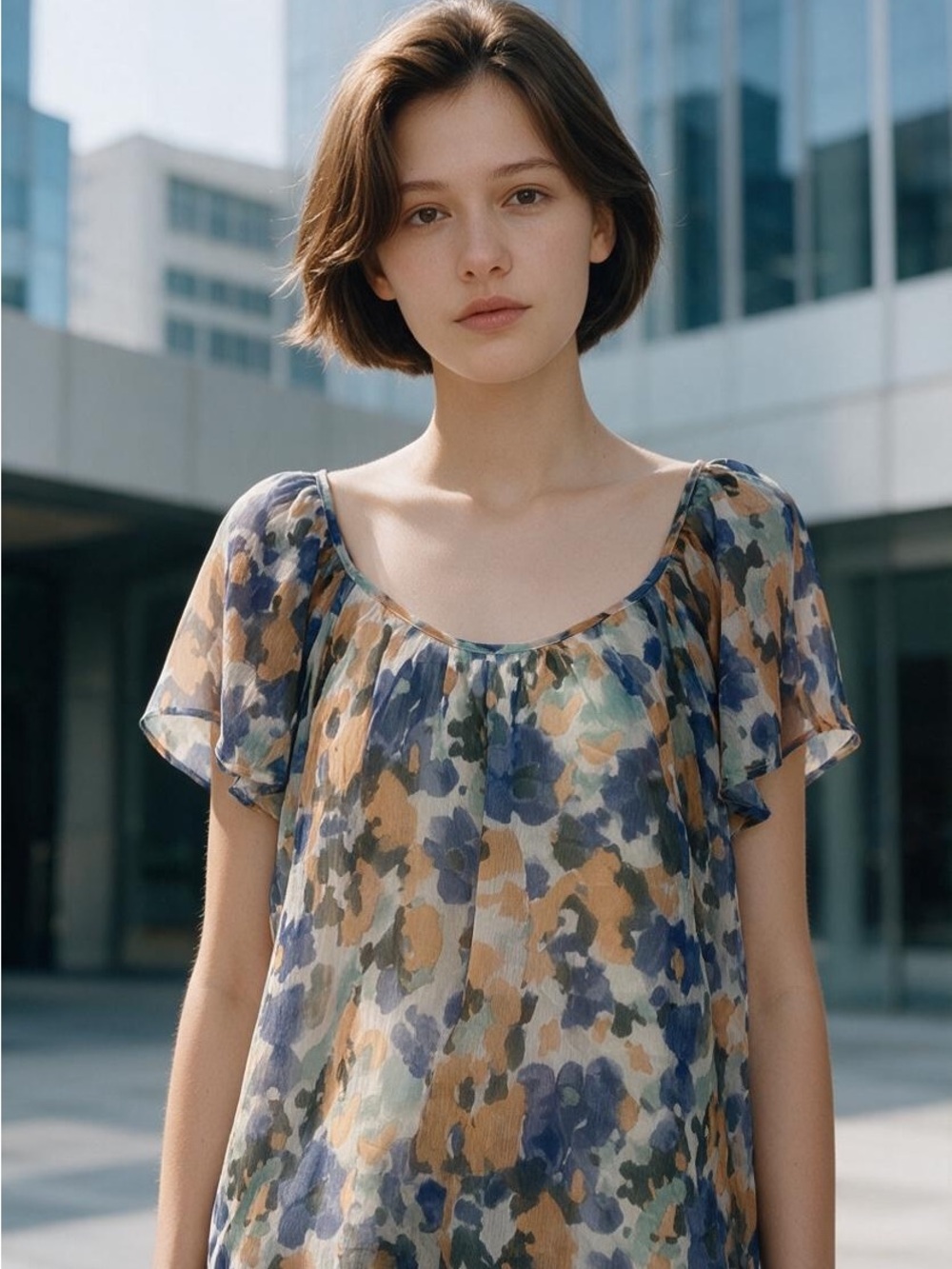 easel Floral Sheer Scoop-Neck Blouse in Blue and Tan